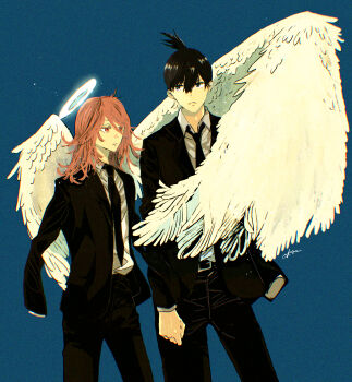 angel angel_devil_(chainsaw_man) angel_wings ashita_no_okz black_eyes black_hair black_necktie black_pants black_suit blue_background brown_eyes brown_hair chainsaw_man closed_mouth collared_shirt commentary feathered_wings formal_clothes glowing glowing_halo hair_between_eyes halo hayakawa_aki highres long_hair_between_eyes long_sleeves male_focus medium_hair necktie pants shirt short_hair standing suit topknot traditional_halo white_shirt white_wings wings
