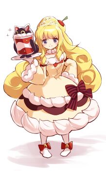 Rule 34 | 1girl, absurdres, black cat, blonde hair, blush, bow, breasts, cat, cherry, commentary, cup, cupsie yummy, detached sleeves, dress, duel monster, food, food-themed animal, food as clothes, fruit, gloves, hair fruit, hand on own hip, highres, holding, holding plate, icing trim, kanzakietc, long hair, looking at viewer, madolche puddingcess, plate, purple eyes, ribbon, simple background, smile, standing, strawberry, symbol-only commentary, tail, tiara, very long hair, white background, yellow dress, yellow eyes, yu-gi-oh!