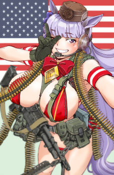 1girl :d alice_gear american_flag ammunition_belt animal_ears belt blunt_bangs bow breasts brown_hat commentary_request covered_erect_nipples ear_covers ear_ribbon gloves gold_ship_(umamusume) green_gloves grin gun hand_up happy_new_year hat headphones headset horse_ears horse_girl huge_breasts long_hair looking_at_viewer m60_(machine_gun) machine_gun nakamura_3sou new_year one_eye_closed open_mouth pillbox_hat pouch purple_bow purple_eyes purple_hair rifle smile solo standing thighs umamusume weapon