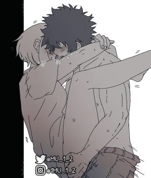 1boy 1girl against_wall arms_around_neck blush boku_no_hero_academia bottomless breasts freckles greyscale heavy_breathing hetero instagram_username large_breasts midoriya_izuku monochrome motion_lines mu_1_2 open_mouth sex shirt suspended_congress sweat t-shirt topless_male twitter_username uraraka_ochako watermark