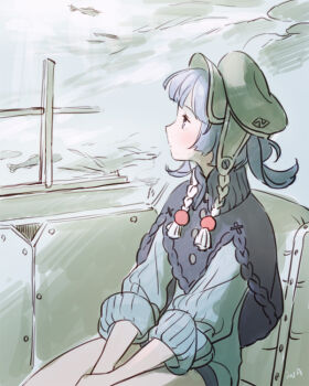 Rule 34 | 1girl, archived source, blue eyes, blue hair, blue sweater, blush, buttons, capelet, closed mouth, colored eyebrows, fish, frilled capelet, frills, green hat, hands on own thighs, hat, hat tassel, iwamoto zerogo, kawashiro nitori, long sleeves, looking to the side, own hands together, puffy sleeves, shorts, sidelocks, signature, sitting, solo, sweater, thighs, touhou, underwater, window