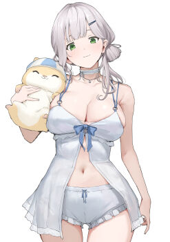 1girl :3 babydoll bloomers blue_bow bow breasts chest_bow choker cleavage closed_mouth cowboy_shot dan'in-san_(shirogane_noel) frilled_choker frills green_eyes grey_hair hair_ornament hair_rings hairclip hashtag-only_commentary highres holding hololive large_breasts long_hair mitsuru_(uramitsuru1206) navel shirogane_noel shirogane_noel_(9th_costume) simple_background single_hair_ring solo stomach underwear virtual_youtuber white_babydoll white_background white_bloomers white_choker