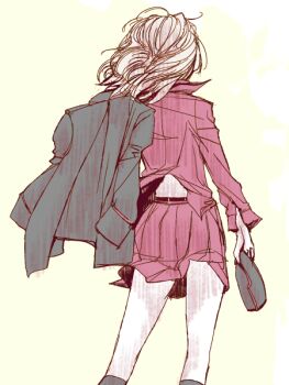 Rule 34 | 100highball, 1girl, back, black hat, black jacket, commentary request, garrison cap, girls und panzer, grey hair, hat, holding, itsumi erika, jacket, kneehighs, kuromorimine military uniform, long hair, military, military hat, military jacket, military uniform, pleated skirt, red shirt, shirt, simple background, skirt, socks, solo, yellow background