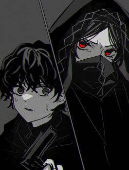 1boy 1girl black_hair commentary_request covered_mouth fate/strange_fake fate_(series) grey_eyes gun hair_between_eyes highres holding holding_gun holding_weapon hood hood_up korean_commentary limited_palette long_hair mixed-language_commentary no_name_assassin_(fate) red_eyes shinobubu short_hair sigma_(fate) simple_background sweat veil weapon