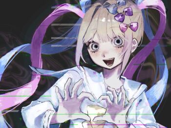 1girl :d black_background blonde_hair blue_bow blue_eyes blue_hair blue_shirt bow chouzetsusaikawa_tenshi-chan commentary_request crazy_eyes eir_(eiriiiiii) glitch hair_bow hands_up heart heart_hands highres long_hair long_sleeves looking_at_viewer multicolored_hair needy_girl_overdose open_mouth pink_bow pink_hair purple_bow quad_tails sailor_collar shirt smile solo upper_body wide-eyed