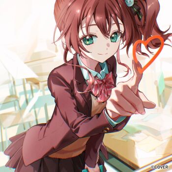 1girl album_cover black_jacket black_ribbon black_skirt blazer bow bowtie brown_hair chair closed_mouth collared_shirt commentary_request copyright_name cover desk double-parted_bangs green_eyes hair_between_eyes hair_ribbon heart hololive indoors jacket long_sleeves looking_at_viewer medium_hair miniskirt natsuiro_matsuri official_art pink_bow pink_bowtie pleated_skirt ribbon school_chair school_desk shirt side_ponytail sidelocks skirt smile solo sweater tiv v-neck virtual_youtuber white_shirt yellow_sweater