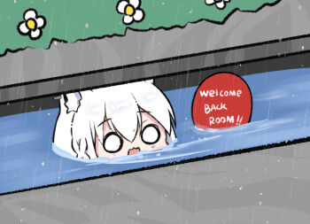 1girl :3 animal_ear_fluff animal_ear_piercing animal_ears balloon braid commentary_request flower fox_ears fox_girl hololive kumarang rain shirakami_fubuki single_braid solo storm_drain virtual_youtuber water white_hair