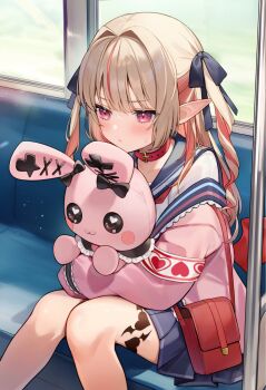 1girl aria_(ariacue) bag blue_sailor_collar blush brown_hair choker colored_inner_hair hair_intakes hair_ribbon highres holding holding_stuffed_toy jacket long_hair makaino_ririmu makaino_ririmu_(4th_costume) multicolored_hair nijisanji pink_eyes pink_jacket pointy_ears ribbon ringlets sailor_collar school_uniform serafuku shoulder_bag sitting solo stuffed_animal stuffed_rabbit stuffed_toy tattoo train_interior two-tone_hair two_side_up virtual_youtuber winged_heart winged_heart_tattoo