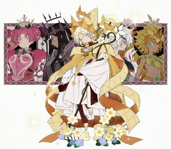 2boys 3girls armor black_hair black_legwear blonde_hair braid closed_mouth cookie_run cookie_run:_kingdom crown dark-skinned_female dark_cacao_cookie dark_skin double_bun facial_mark floating flower forehead_mark golden_cheese_cookie hair_bun hakusai_(tiahszld) hat highres holding holding_staff holly hollyberry_cookie humanization lily_(flower) long_hair long_sleeves looking_at_viewer multiple_boys multiple_girls no_shoes pink_eyes pink_hair pointy_hat puffy_short_sleeves puffy_sleeves pure_vanilla_cookie short_hair short_sleeves staff stirrup_legwear toeless_legwear trap tunic very_long_hair white_hair white_lily_cookie white_tunic wide_sleeves yellow_eyes yellow_flower yellow_headwear