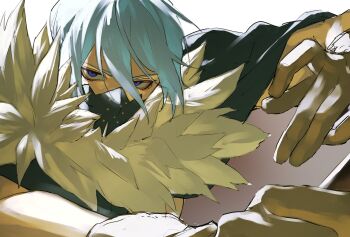 1boy 333takoyaki absurdres black_mask blue_eyes blue_hair brown_gloves commentary_request dr._stone fur_collar gloves hair_between_eyes highres hyoga_(dr._stone) looking_at_viewer lower_eyelashes_only male_focus mask mouth_mask simple_background solo upper_body