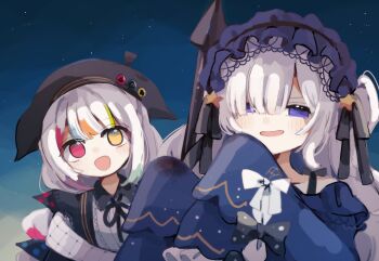 2girls :d beret black_ribbon bow commentary_request gothic_lolita hair_over_one_eye hair_ribbon hairband hat heterochromia holding jogasaki_noah lolita_fashion lolita_hairband long_hair long_sleeves looking_at_viewer mahou_shoujo_no_majo_saiban multi-tied_hair multicolored_hair multiple_girls natsume_an-an neck_ribbon night night_sky open_mouth polka_dot polka_dot_bow purple_eyes red_eyes ribbon sky sleeves_past_fingers sleeves_past_wrists smile spoilers star_(sky) streaked_hair toruriri0718 upper_body white_hair yellow_eyes