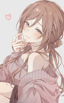 1girl absurdres black_skirt blue_eyes blush breasts brown_cardigan brown_hair brown_shirt cardigan cleavage closed_mouth commentary_request fingernails from_side gakuen_idolmaster grey_background hair_between_eyes hair_rings hand_to_own_mouth heart highres himesaki_rinami idolmaster large_breasts long_hair long_sleeves looking_at_viewer mameko_(l8_w3) miniskirt off_shoulder open_cardigan open_clothes shirt simple_background sitting skirt smile solo strapless strapless_shirt upper_body