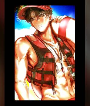 1boy abs black_border black_hair border cowboy_shot head_tilt holding holding_swim_ring innertube life_vest lifebuoy lifeguard looking_at_viewer male_focus muscular muscular_male omniscient_reader&#039;s_viewpoint parted_lips pectorals short_hair solo swim_ring tan toupou39 visor_cap whistle whistle_around_neck yoo_joonghyuk