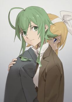 2girls ahoge blonde_hair blue_eyes border bow brown_jacket closed_mouth collared_shirt commentary_request expressionless green_eyes green_hair grey_jacket gumi hair_bow hairband highres holding hug jacket medium_hair multiple_girls shirt short_hair sidelocks simple_background tearing_up vocaloid white_border white_hairband white_shirt wounds404 yuri