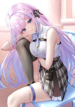 1girl bare_shoulders black_bow black_thighhighs blue_eyes blue_necktie bow breasts chair collared_shirt commentary_request commission gradient_hair grey_skirt hair_bow hair_ornament high-waist_skirt highres indie_virtual_youtuber long_hair looking_at_viewer mary_is_mine medium_breasts multicolored_hair necktie pink_hair plaid_bow plaid_clothes plaid_skirt second-party_source shirt single_thighhigh sitting skirt sleeveless sleeveless_shirt solo tansansui_(vtuber) thigh_strap thighhighs virtual_youtuber white_shirt