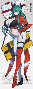 1girl absurdres bodysuit breasts cleavage dazzur_(dazzur_system) full_body green_hair hand_on_own_hip high_heels highres long_hair looking_at_viewer mechanical_ears original red_eyes simple_background white_bodysuit