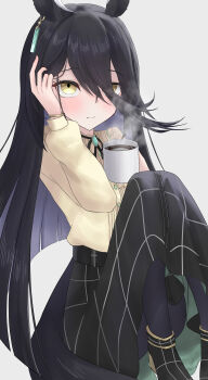Rule 34 | 1girl, absurdres, adjusting hair, ahoge, animal ears, black hair, black pantyhose, black ribbon, black skirt, blunt ends, blush, closed mouth, coffee, coffee mug, cup, ear ornament, ear tag, earrings, hair between eyes, hands up, high heels, highres, holding, holding cup, horse ears, horse girl, horse tail, jewelry, knees up, long bangs, long hair, long hair between eyes, long sleeves, looking at viewer, manhattan cafe (umamusume), mug, multicolored hair, neck ribbon, pantyhose, plaid clothes, plaid skirt, ribbon, sengoku (pixiv54635452), shirt, shirt tucked in, shoes, simple background, single earring, sitting, skirt, smile, solo, steam, steaming cup, tail, umamusume, very long hair, white background, white hair, yellow eyes, yellow shirt