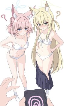 1other 2girls ? absurdres animal_ears aqua_eyes blonde_hair blue_archive blue_eyes blush bra breasts cellphone clothes_pull commentary_request fox_ears frown halo hand_on_own_hip highres hypnosis hypnosis_app kamitosayu kurumi_(blue_archive) long_hair looking_at_viewer mind_control multiple_girls navel niko_(blue_archive) panties partial_commentary phone pink_hair pov pov_hands short_hair simple_background sketch skirt skirt_pull small_breasts smartphone socks two_side_up underwear underwear_only undressing v-shaped_eyebrows white_background white_bra white_panties white_socks
