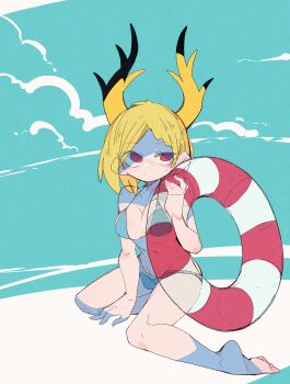 Rule 34 | 1girl, antlers, barefoot, bikini, blonde hair, blue bikini, blue sky, breasts, buoy, cloud, dragon horns, highres, holding, horns, kicchou yachie, lifebuoy, looking to the side, massakasama, medium breasts, navel, outdoors, red eyes, seiza, short hair, sitting, sky, solo, swim ring, swimsuit, touhou