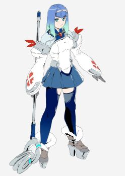 1girl aqua_hair blue_eyes blue_hair blue_thighhighs boots breasts closed_mouth commentary e.x._troopers full_body fur-trimmed_boots fur_trim gloves gradient_hair grey_background grey_gloves hairband holding holding_weapon jewelry looking_at_viewer magatama magatama_necklace medium_hair multicolored_hair necklace ojipon simple_background skirt solo staff standing thighhighs tiki_(e.x._troopers) weapon white_hairband