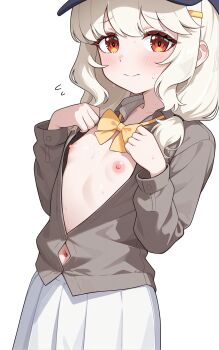 1girl absurdres aoba_(blue_archive) aviary blue_archive blue_hat blush bow bowtie brown_shirt closed_mouth collared_shirt dot_nose embarrassed flat_chest flying_sweatdrops furrowed_brow hair_between_eyes hands_up hat highres loli long_sleeves looking_at_viewer loose_bowtie low_twintails navel nipples partially_unbuttoned peaked_cap pleated_skirt red_eyes shirt simple_background skirt sleeve_cuffs solo split_mouth standing sweat sweatdrop twintails white_background white_skirt yellow_bow yellow_bowtie