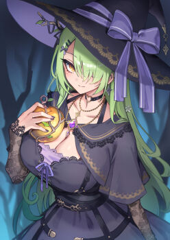 1girl antler_ribbon apple black_capelet black_choker black_dress black_hat black_nails blue_ribbon breasts capelet ceres_fauna ceres_fauna_(goth) choker cleavage commentary crinoline dress earrings english_commentary flower food fruit gem golden_apple goth_fashion green_hair hair_flower hair_ornament hair_over_one_eye harness hat heart heart_choker heart_o-ring heart_ring_choker highres holding holding_food holding_fruit hololive hololive_english horns jewelry lace lace-trimmed_dress lace_sleeves lace_trim large_breasts light_smile long_hair looking_at_viewer mole mole_under_eye necklace o-ring o-ring_choker o-ring_harness official_alternate_costume oopartz_yang purple_gemstone purple_hat ribbon solo tree undershirt very_long_hair virtual_youtuber witch_hat yellow_eyes