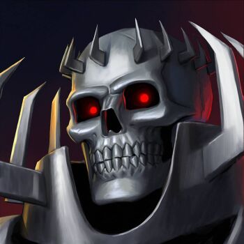 1boy armor berserk commentary glowing glowing_eyes highres looking_at_viewer magenta_sunrise male_focus portrait red_eyes skull skull_knight_(berserk) solo spikes
