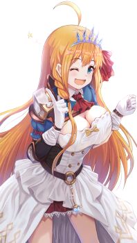 1girl :d ahoge armor ascot belt blue_eyes bow breasts cleavage commentary dress elbow_pads gloves hair_ribbon hands_up highres index_finger_raised large_breasts long_hair looking_at_viewer o-ring o-ring_belt one_eye_closed open_mouth orange_hair pauldrons pecorine_(princess_connect!) princess_connect! puffy_short_sleeves puffy_sleeves rabenga red_ascot red_bow red_ribbon red_skirt ribbon short_sleeves shoulder_armor shrug_(clothing) single_couter single_pauldron skirt skirt_under_dress smile solo star_(symbol) tiara white_background white_dress white_gloves yellow_bow