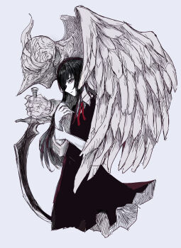 Rule 34 | 1girl, 1other, absurdres, black dress, black hair, chuhaibane, collared shirt, commentary, creature, dagger, dress, hand up, helm, helmet, highres, knife, looking at viewer, neck ribbon, original, purple eyes, red ribbon, ribbon, shirt, simple background, sketch, sleeves rolled up, weapon, white background, wings