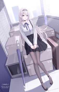 1girl bag black_bag black_choker black_hairband black_pantyhose black_shoes black_skirt blush box box_stack breasts buttons cardboard_box cellphone choker collared_shirt commentary dutch_angle english_commentary grey_eyes hairband high_heels highres holding holding_phone light_particles long_hair long_legs long_sleeves looking_at_viewer medium_breasts mole mole_under_eye neck_ribbon open_mouth original own_hands_together pantyhose parted_lips phone pleated_skirt purple_ribbon ribbon shirt shirt_tucked_in shoes shoulder_bag sidelocks sitting skirt smartphone smile solo suitcase television tile_floor tiles timestamp umbrella very_long_hair white_hair white_shirt yuzuriha_(atelier_liang)