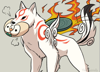 amaterasu_(ookami) bird black_eyes commentary fire gen_7_pokemon grey_background isso_(thatsquirrelly) nintendo ookami_(game) owl pokemon pokemon_(creature) rowlet simple_background solid_eyes symbol-only_commentary tail tail_wagging white_fur wolf