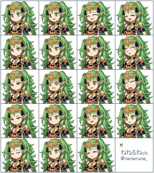 +_+ 1girl @_@ artist_name braid closed_eyes crying fire_emblem fire_emblem:_three_houses green_eyes green_hair hair_ornament hair_ribbon long_hair nenerune nintendo no_pupils pixel_art portrait pout ribbon ribbon_braid sad serious smile solo sothis_(fire_emblem) tiara variations wide-eyed