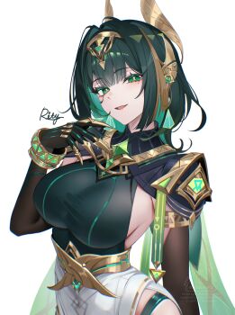1girl armlet artist_name bangle bracelet breasts elbow_gloves fake_claws fangs genshin_impact gloves gold_armlet gold_hairband green_eyes green_hair hairband headpiece highres jewelry large_breasts looking_at_viewer mole mole_under_eye nefer_(genshin_impact) open_mouth rity signature simple_background skirt solo upper_body watermark white_background white_skirt