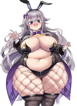1girl @_@ absurdres animal_ear_hairband animal_ears bags_under_eyes belly black_hairband black_leotard black_shrug black_thighhighs blush bow bowtie breasts chain cleavage embarrassed fake_animal_ears fat fat_rolls fat_woman fishnet_pantyhose fishnets flower_knight_girl gold_chain grey_hair hair_bow hairband highres kukuru large_breasts leotard long_hair navel open_mouth pantyhose playboy_bunny plunging_neckline purple_bow purple_eyes purple_hair rabbit_ear_hairband rabbit_ears shrug_(clothing) sigillaria_(flower_knight_girl) skindentation solo standing sweat thick_thighs thighhighs thighs white_background wide_hips