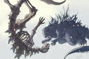 bone bubble claws dinosaur giant giant_monster godzilla godzilla_(1954_movie) godzilla_(series) godzilla_against_mechagodzilla kaiju kiryu_(godzilla) mechagodzilla monster open_mouth sea_monster sharp_teeth skeleton spikes swimming tail teeth toho tsk03 underwater upside-down yellow_eyes