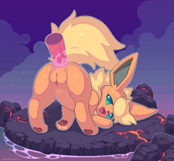 1girl all_fours anal anal_fluid animal_hands animal_sexualization animated animated_gif anus bestiality cleft_of_venus clitoris closed_eyes colored_sclera disembodied_penis eyelashes fat_mons flareon furry gen_1_pokemon green_eyes green_sclera happy_sex kemocamotli naughty_face navel nintendo nude open_mouth pawpads penis pixel_art pokemon pokemon_(creature) pokephilia pussy pussy_juice sex smile tail top-down_bottom-up uncensored water