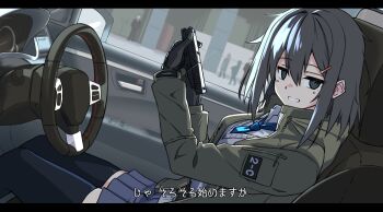 1girl absurdres black_thighhighs blue_necktie blue_skirt brown_jacket commentary_request glock green_eyes grey_hair grey_vest gun hair_between_eyes handgun highres holding holding_gun holding_weapon jacket medium_hair necktie original shiba_(zudha) shirt skirt solo thighhighs thighs vest weapon white_shirt