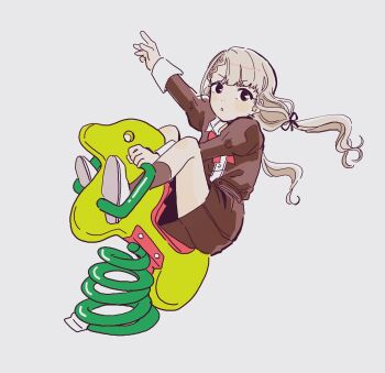 Rule 34 | 1girl, :o, arm up, black eyes, black ribbon, braid, braided bangs, brown shirt, brown skirt, brown socks, commentary, fine art parody, floating hair, full body, grey hair, hair ribbon, highres, hisakawa nagi, idolmaster, idolmaster cinderella girls, inichigaichi, juliet sleeves, light blush, long hair, long sleeves, looking at viewer, low twintails, napoleon crossing the alps, parody, pleated skirt, pose imitation, puffy sleeves, ribbon, riding, shirt, shoes, simple background, skirt, sleeve cuffs, socks, solo, spring rider, twintails, v-shaped eyebrows, white background, white shoes