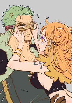 1boy 1girl anger_vein bangle bare_shoulders bracelet braid breasts brown_gloves cape capelet closed_mouth collarbone commentary crop_top earrings english_commentary eye_mask flying_sweatdrops from_side fur-trimmed_capelet fur_cape fur_trim gloves green_cape green_hair grey_background hand_on_another&#039;s_waist hands_on_another&#039;s_cheeks hands_on_another&#039;s_face highres jewelry large_breasts long_hair looking_at_another mask nami_(one_piece) nem_edogawa official_alternate_costume official_alternate_hairstyle one_piece orange_eyes orange_hair pearl_earrings profile roronoa_zoro short_hair shoulder_pads shoulder_tattoo tattoo upper_body yellow_capelet