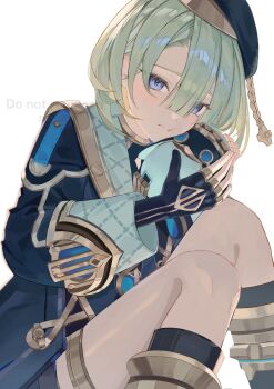 1boy appon_pon beret bishounen black_gloves blonde_hair blue_eyes boots closed_mouth cowboy_shot feet_out_of_frame fingerless_gloves freminet_(genshin_impact) genshin_impact gloves hair_between_eyes hat highres holding long_sleeves looking_at_viewer male_focus pers_(genshin_impact) short_hair shorts simple_background sitting smile solo thighs white_background