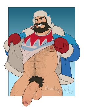 abs bara beard black_hair blue_coat body_hair brown_eyes candy candy_cane coat connected_beard facial_hair food food_in_mouth foreskin full_beard fur-trimmed_coat fur_hat fur_trim graves_(league_of_legends) hat headingsouthart highres large_penis league_of_legends male_focus male_pubic_hair mittens muscular muscular_male naughty_face nipples no_pants penis pubic_hair pulling_own_clothes raised_eyebrow red_mittens smile snow_day_graves sweater testicles transparent_background ushanka winter_clothes winter_coat