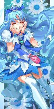 Rule 34 | 1girl, absurdres, blue choker, blue hair, blue skirt, blue theme, blue wrist cuffs, brooch, choker, closed eyes, commentary request, cowboy shot, cure marine, flower, hair ornament, heart, heart brooch, heartcatch precure!, highres, jewelry, kurumi erika, long hair, magical girl, n-bata, pouch, precure, skirt, smile, thighhighs, white thighhighs, wrist cuffs