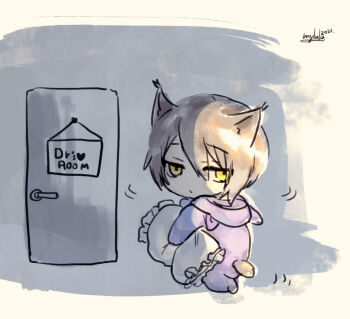 1boy animal_ear_fluff animal_ears arknights brown_background brown_hair carrying carrying_under_arm chibi closed_mouth door fake_animal_ears frilled_pillow frills hair_between_eyes hood hood_down male_focus motion_lines myluche onesie phantom_(arknights) pillow signature solo tail tragodia_(arknights) walking yellow_eyes