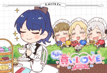 4girls :d =_= black_vest blonde_hair blush bow bowtie brown_hair bush ceras_yanagida_lilienfeld chair closed_mouth collared_shirt commentary cup cupcake double_bun drooling fang food food_request gingham_bow grey_hair grid_background hair_bow hair_bun hair_ornament hand_fan holding holding_cup holding_fan ichigo_123_(love_live!) kachimachi_kosuzu link!_like!_love_live! long_hair long_sleeves love_live! macaron maid maid_headdress medium_hair mouth_drool multiple_girls murano_sayaka official_alternate_costume official_artist_extra on_chair open_mouth osawa_rurino outdoors paper_fan ponytail ruri&amp;to_(love_live!) sakuma_yoru shirt sitting smile sparkle split_mouth teapot tiered_tray uchiwa vest virtual_youtuber white_bow white_bowtie white_shirt x_hair_ornament