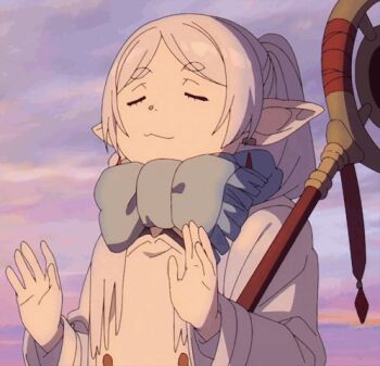 1girl :3 animated animated_gif anime_screenshot closed_eyes earrings elf fire frieren grey_hair jewelry long_hair lowres outdoors pointy_ears smile solo sousou_no_frieren staff warming_hands
