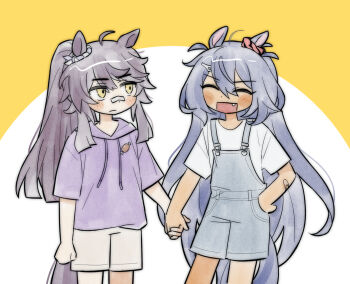 2girls ^_^ absurdly_long_hair ahoge alternate_costume animal_ears bandaid bandaid_on_arm bandaid_on_face bandaid_on_nose black_hair blue_overalls brown_hair casual children&#039;s_day closed_eyes commentary_request cowboy_shot dark-skinned_female dark_skin ear_ornament ear_scrunchie expressionless fang food food_print grey_shorts hair_ornament hairclip hand_on_own_hip happy highres hishi_amazon_(umamusume) holding_hands hood hood_down hoodie horse_ears horse_girl horse_tail hwipa_(param_blue) interracial korean_commentary long_hair looking_at_another loose_hair_strand meat multiple_girls narita_brian_(umamusume) open_mouth overalls ponytail purple_hoodie red_scrunchie scrunchie shirt short_sleeves shorts sidelocks smile standing striped_clothes striped_scrunchie t-shirt tail thick_eyebrows two-tone_background umamusume very_long_hair white_background white_shirt yellow_background yellow_eyes yuri