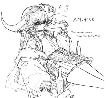 1girl alcohol arknights bags_under_eyes bottle_opener cork cow_girl cow_horns cropped_legs detached_hood drinking english_text flower flower_on_head greyscale highres holding horns long_sleeves monochrome mooswig necktie off_shoulder pallas_(arknights) petals pleated_skirt pouch rose rose_petals shirt_tucked_in short_hair_with_long_locks simple_background sketch skirt solo white_background