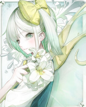 1girl blush bow commentary daiyousei fairy fairy_wings floral_background flower green_vest grey_hair hair_bow hugging_object light_smile looking_at_viewer omen_(omenillust) one_side_up shirt solo touhou upper_body vest white_flower white_shirt wings yellow_bow