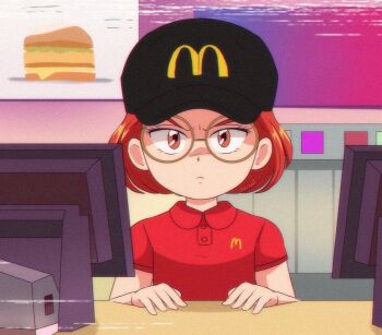 1990s_(style) 1girl animification brenni_murasaki frown glasses looking_at_viewer mcdonald's meilin_lee orange_eyes retro_artstyle shirt short_hair solo turning_red upper_body