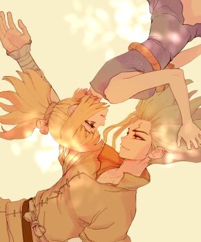 Rule 34 | 1boy, 1girl, bandaged arm, bandages, blonde hair, blue eyes, closed mouth, commentary request, dr. stone, dress, eye contact, facial mark, green hair, hetero, implied hetero, ishigami senkuu, kohaku (dr. stone), long hair, looking at another, ninomae gin, ponytail, purple dress, red eyes, rope belt, rotational symmetry, siblings, signature, sleeveless, smile, spiked hair, upside-down